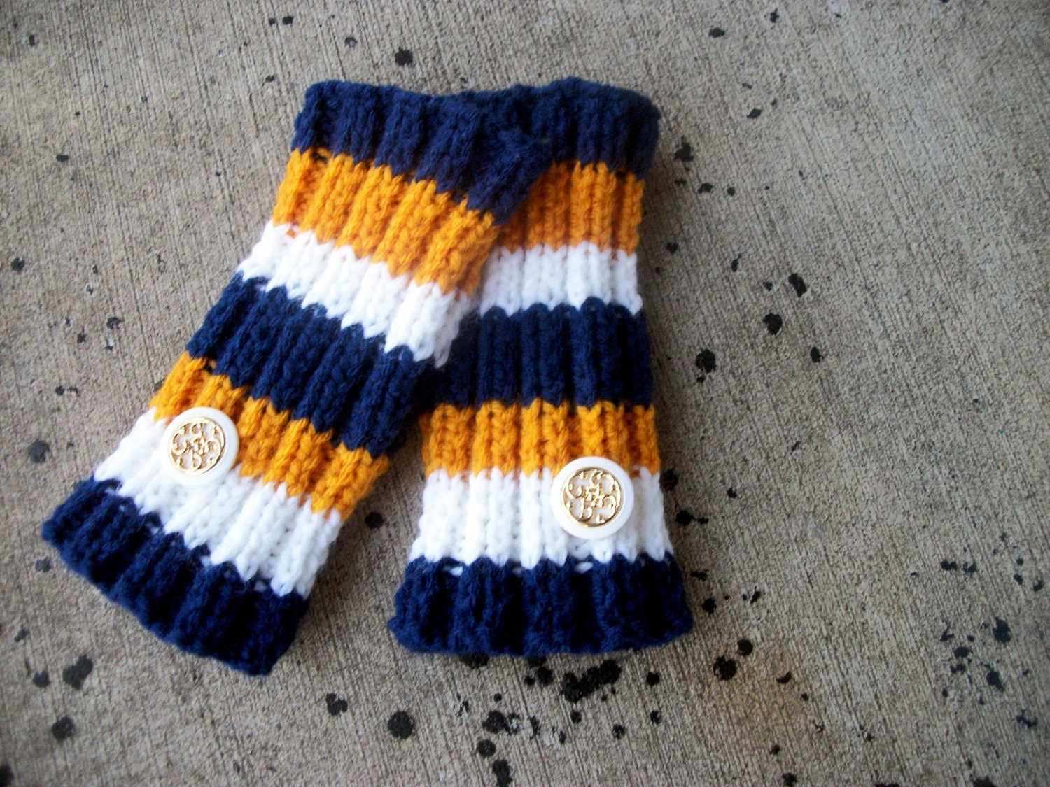 Striped Fingerless Gloves - hand knit in navy blue, mustard yellow, and off white