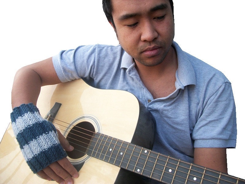 Mens Fingerless Gloves - Hand Knit in Blue and Grey Stripes - MADE TO ORDER