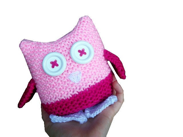 Pink Owl Plush Toy - Hand Knit in hot pink, pastel pink, and glittering white