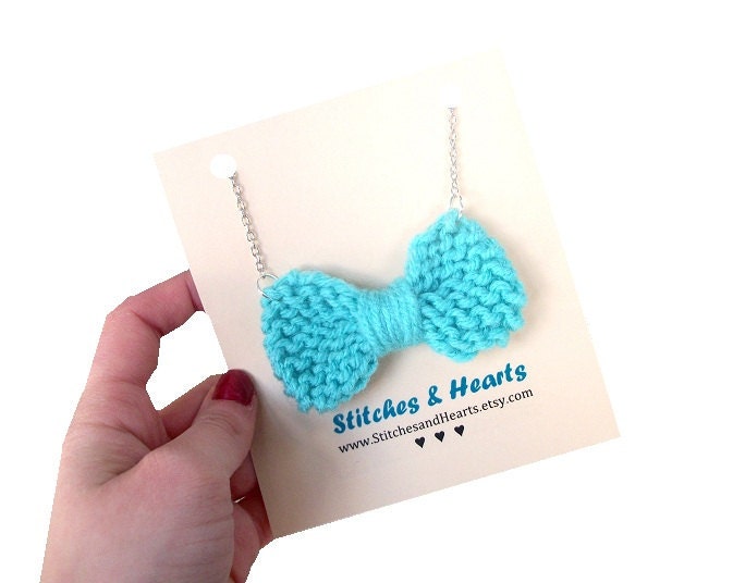 Turquoise bow necklace - hand knit on silver chain