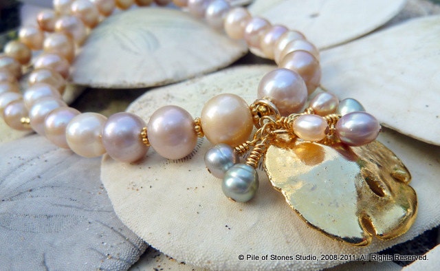 Necklace, Treasure in the Sand, Pastel Freshwater Pearls, Sand Dollar, Sparkling Gold Pendant, Beachy, Earthy, Feminine Fashion