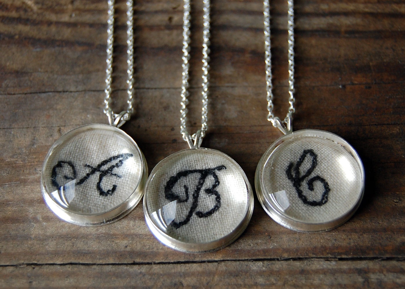 Monogrammed Necklace in Eco-Friendly Sterling Silver with Hand Stitched Embroidery