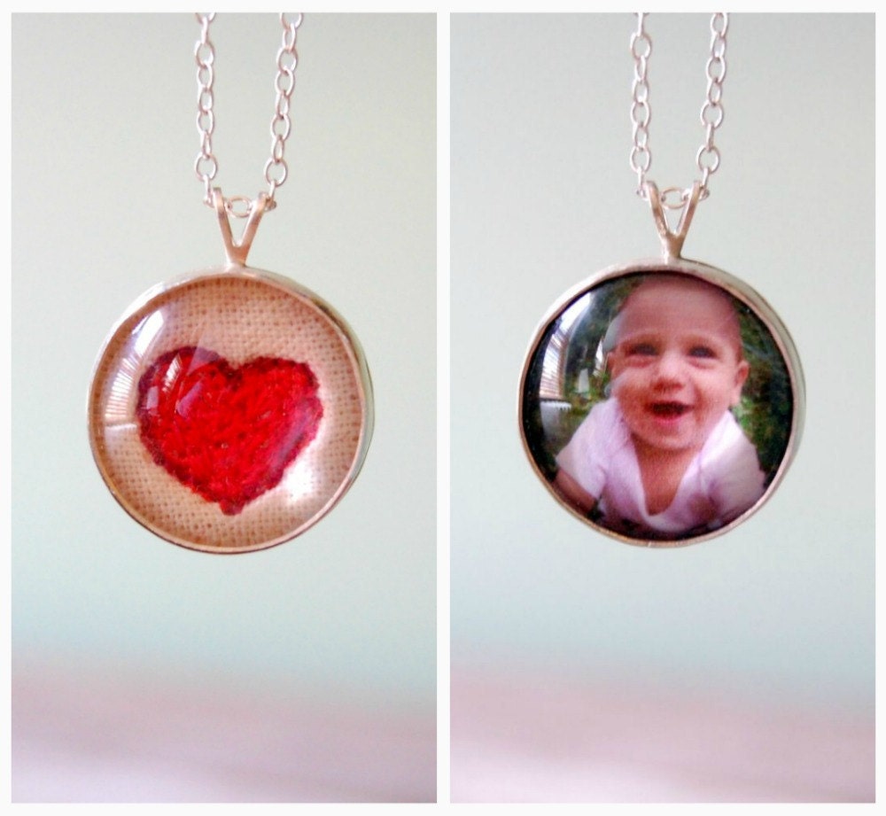 Double-Sided Photo Necklace in Sterling Silver with Hand Embroidered Heart