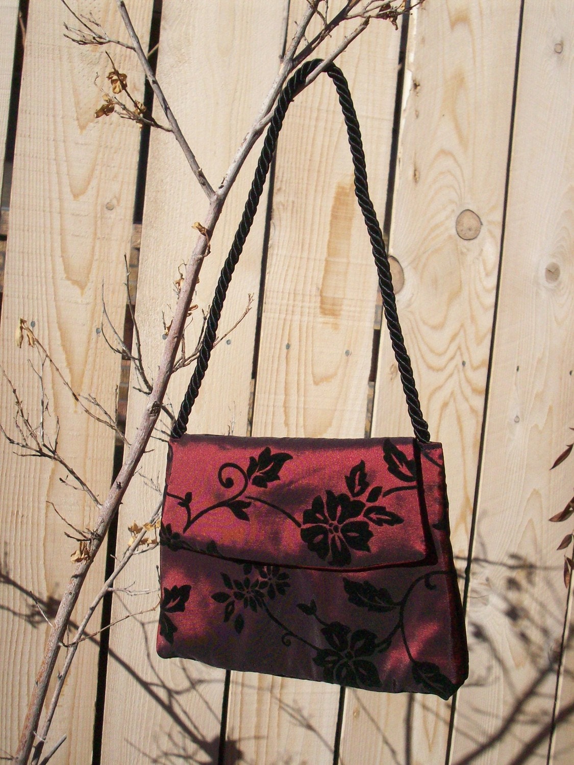 Fancy Girlie Bag Wine Satin Flocked Floral Eveing Formal Bridal Church with Black Satin Cord Strap