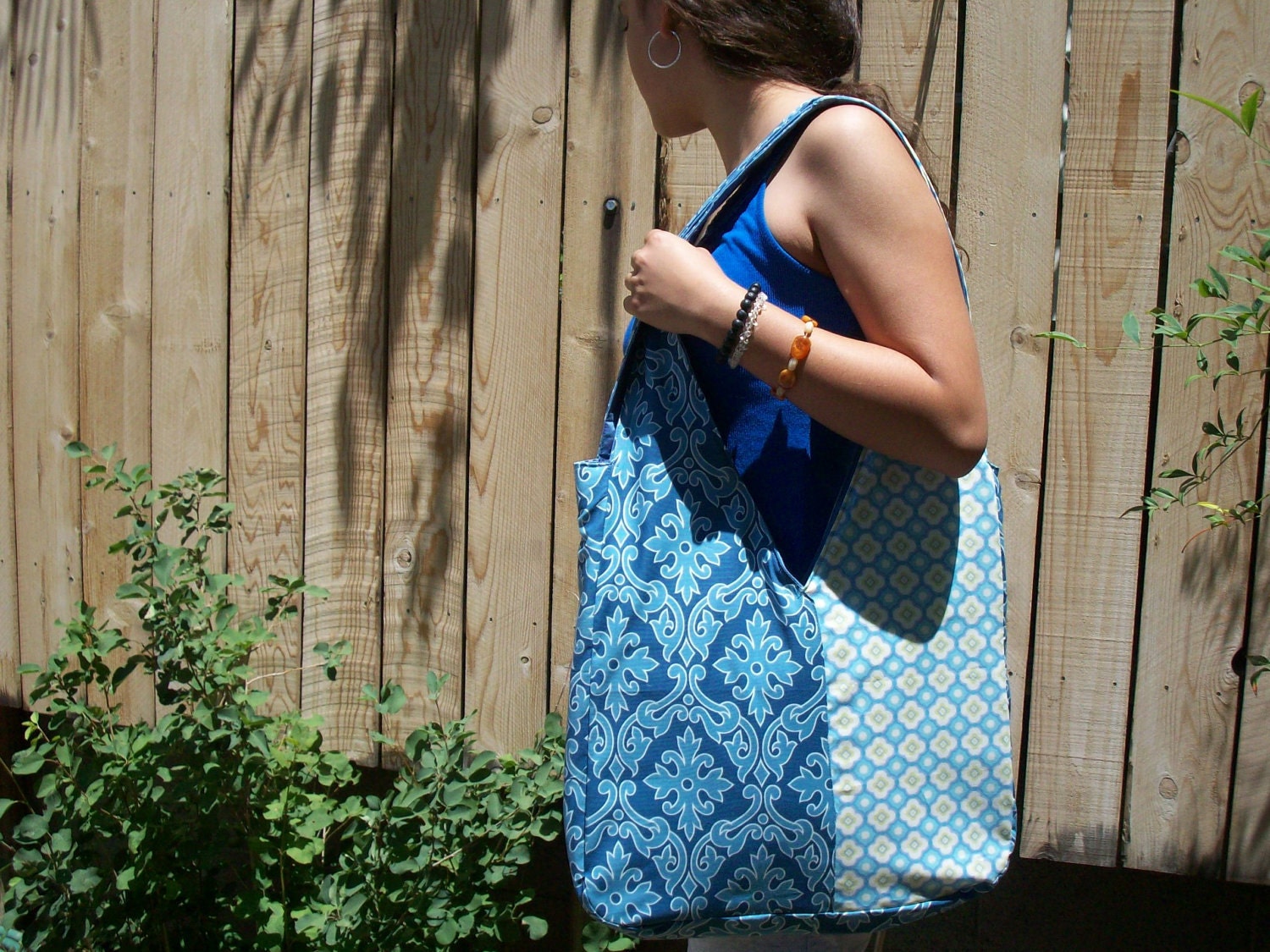 Summer Sky Blue Two Sided Shoulder Bag Diaper Bag Tote with Large Pockets
