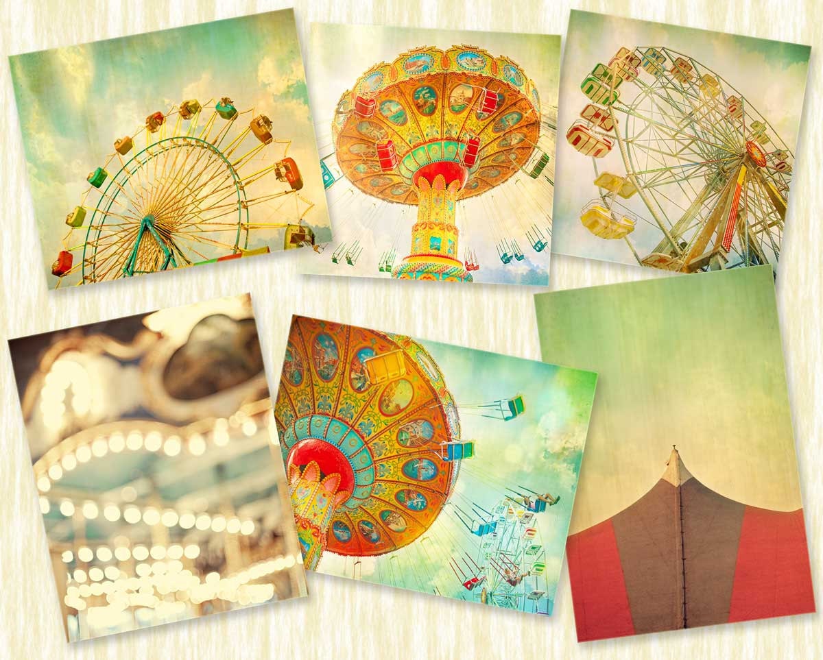 Carnival photography nursery art wall decor turquoise, shabby chic, ferris wheel, wall art, set of 6