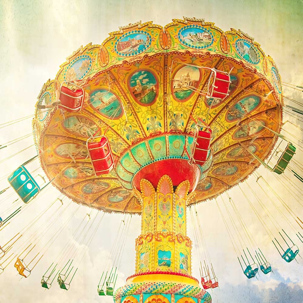 Carnival art, carnival photography,  autumn color teal sky mustard yellow tango orange circus art nursery art - 16x16