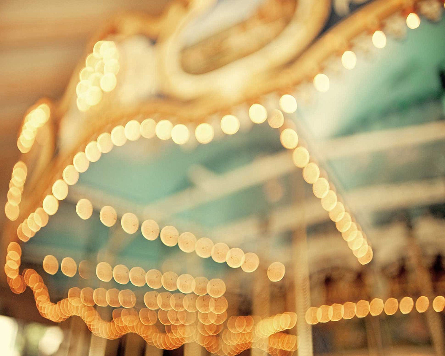 Carnival Photography, nursery art, teal blue gold carousel print county fair large art - 24x30 photograph