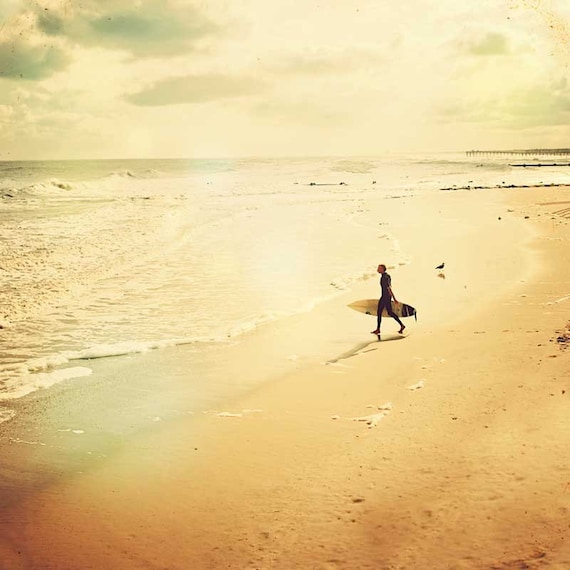 Surf Photography Ocean Print pink beach sand surfer shore sunset fine art photography print - 8x8