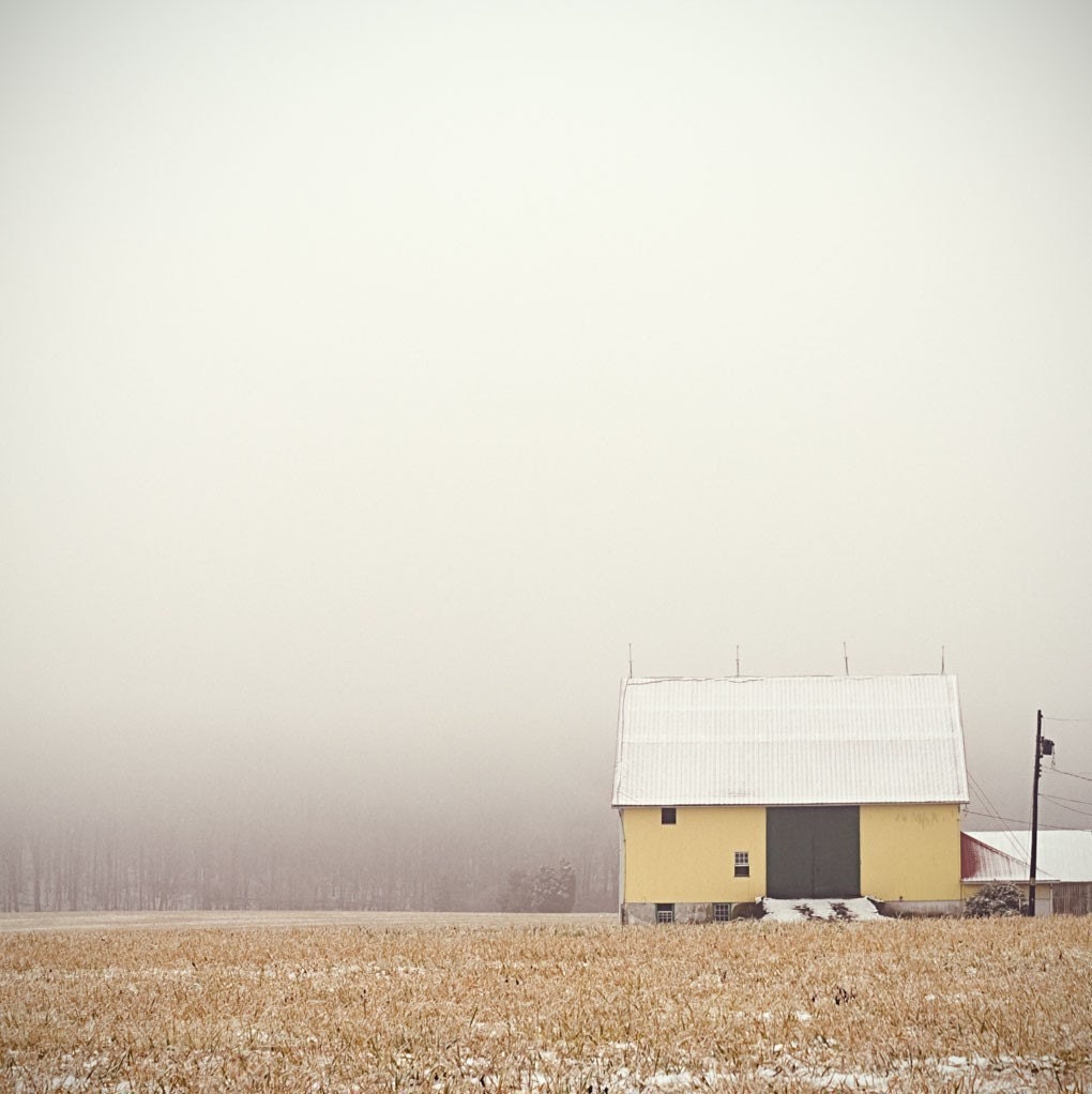 Winter photography barn in snow fine art photography winter decor rural farm scene yellow barn - 8x8 photograph