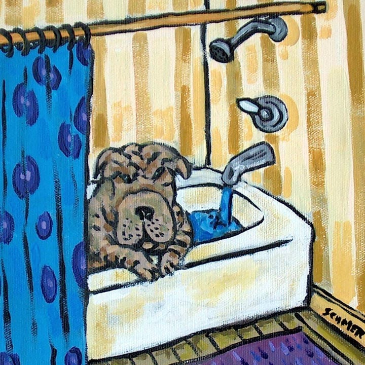 Shar Pei Taking a Bath Dog Art Tile Coaster