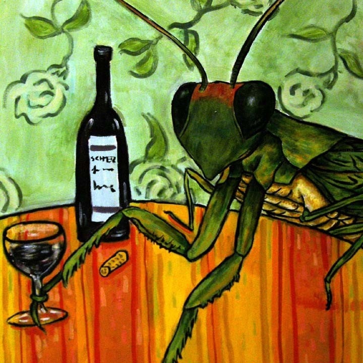 Praying Mantis at the Wine Bar Insect Art Tile Coaster