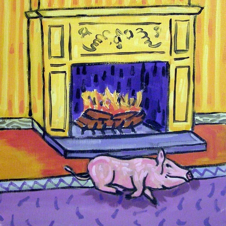 Pig by the Fireplace Animal Art Tile Coaster Gift