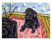 Black Labrador Retriever Puppy Watching Television Dog Art Print 8x10 JSCHMETZ modern abstract folk pop art AMERICAN ART gift