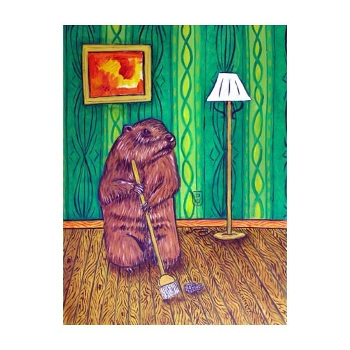 Woodchuck Sweeping the Floor Animal Art Print 8x10