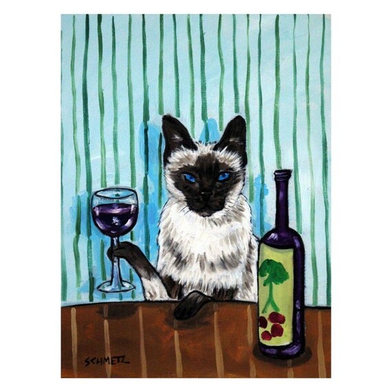 Siamese Cat at the Wine Bar Cat Art PRINT 8x10 JSCHMETZ american modern pop art folk art abstract