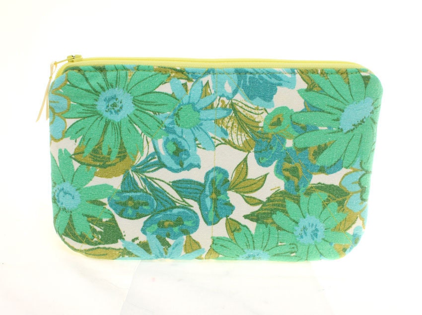 Zippered Pouch in Vintage Green Floral Cotton and Mustard Yellow