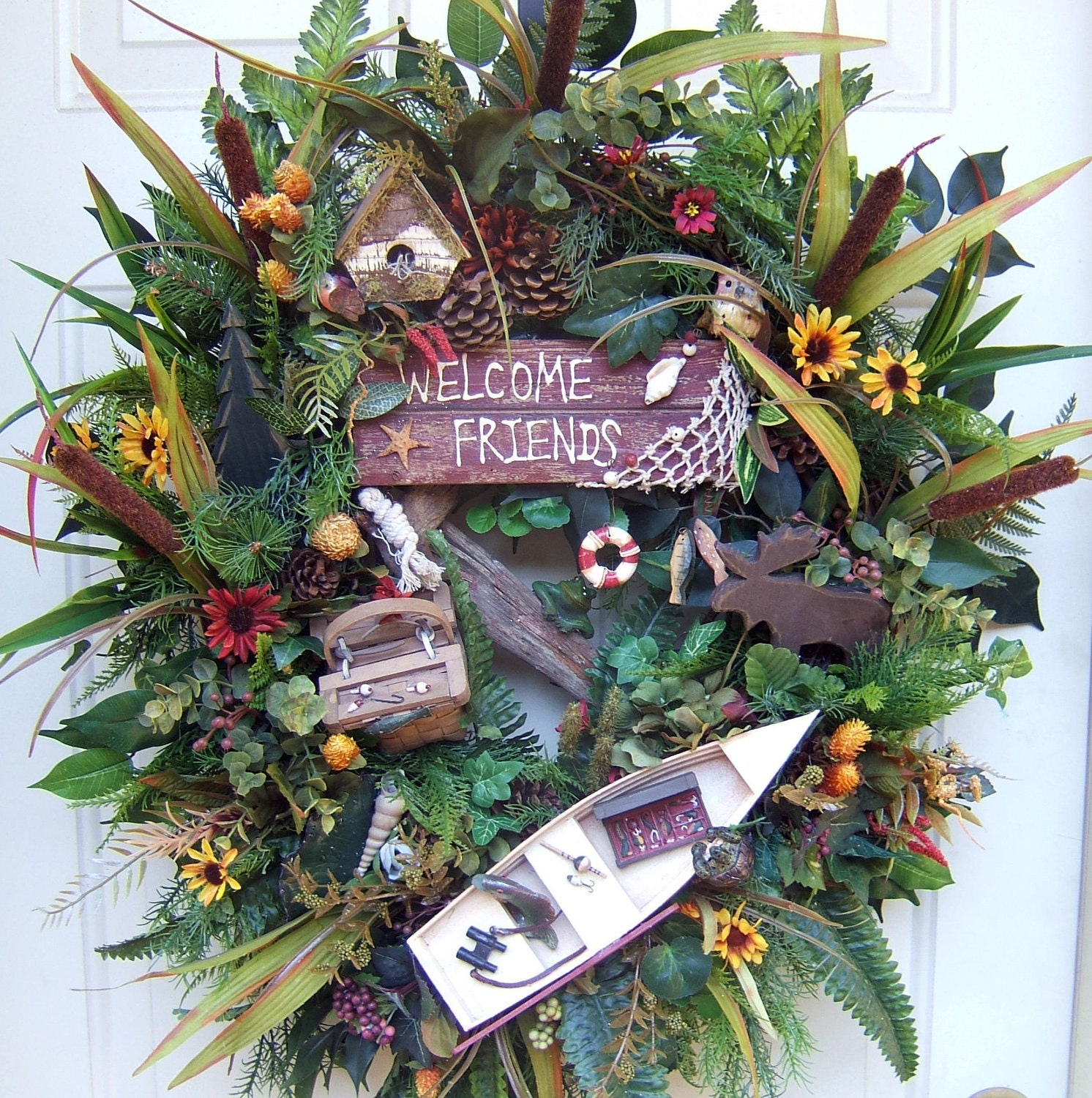 Summer, Lake house, cabin door wreath, rustic, fishing, floral wreath