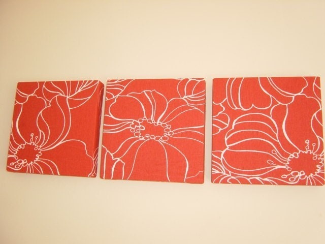 Handmade Set Of 3 Contemporary Modern Designer Retro Print Design Very Funky Red Abstract Wall Hanging Canvases Wall Art. 