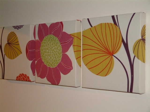Set Of 3 Contemporary Designer Retro Print Funky Pink Red Lavender Cream Flower Wall Hanging Canvases Fabric Wall Art W,NEW FABRIC