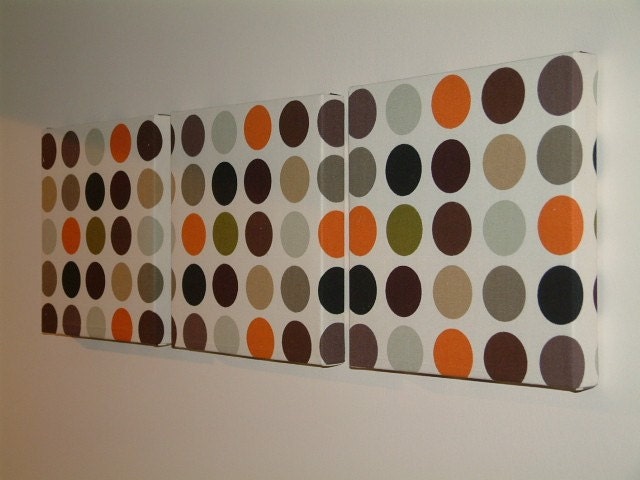 Handmade Set Of 3 Contemporary Modern Designer Retro Print Design Very Funky Orange Brown Black Green Grey Spots Autumn Fall Wall Hanging Canvases Fabric Wall Art Wall Decor,NEW FABRIC