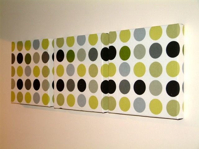 Handmade Set Of 3 Contemporary Modern Designer Retro Print Design Very Funky  Kiwi Green Black Grey Spots Wall Hanging Canvases Fabric Wall Art Wall Decor,NEW FABRIC