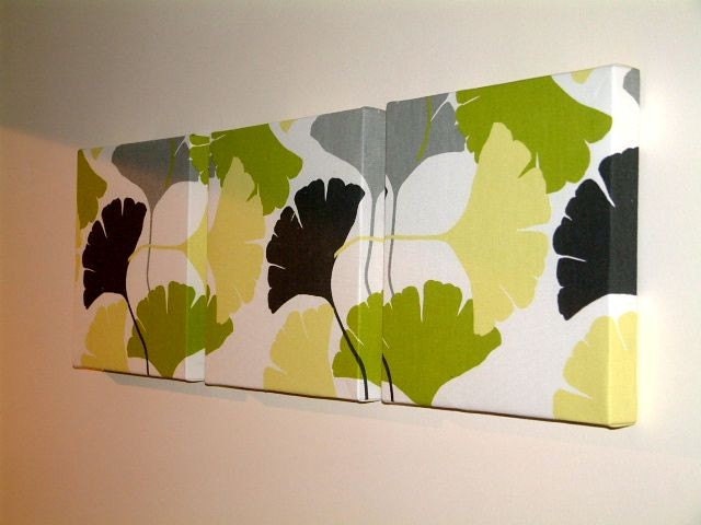 Set Of 3 Contemporary Modern Designer Retro Print Green,Grey, Pale Yellow and Black Fan Wall Hanging Canvases,Fabric Wall Art Wall Decor