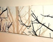 Handmade Set Of 3 Contemporary Modern Designer Retro Print Design Very Funky Black Brown Cream Autumn Winter Branch Tree Wall Hanging Fabric