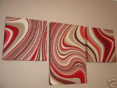 Handmade Set Of 3 Contemporary Modern Designer Retro Print Design Very Funky Red Brown Swirl Wall Hanging Canvases Wall Art.