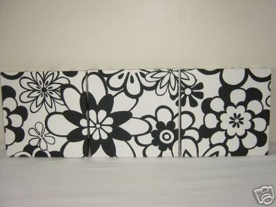 Handmade Set Of 3 Contemporary Modern Designer Retro Print Design Very Funky Black Abstract Flower Wall Hanging Canvases Wall Art. 