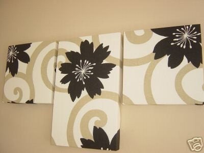Handmade Set Of 3 Contemporary Modern Designer Retro Print Design Very Funky Black Taupe Cream Flower Wall Hanging Canvases Wall Art.