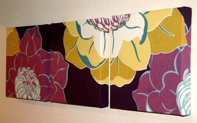 Set Of 3 Contemporary Modern Retro Print Design Purple Plum Pale Yellow Mustard Flower Wall Hanging,Canvases,Fabric Wall Art, Wall Decor