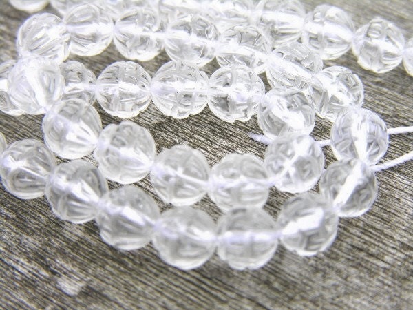 Carved Lotus Clear Quartz Round Beads 10