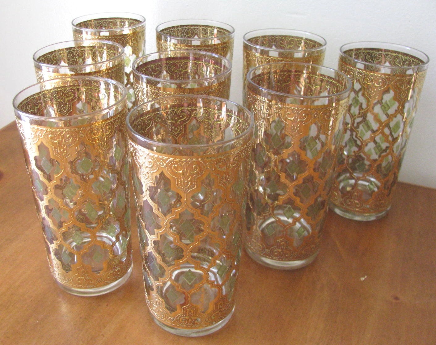 Vintage Gold and Green Culver Valencia Glassware - Set of 14