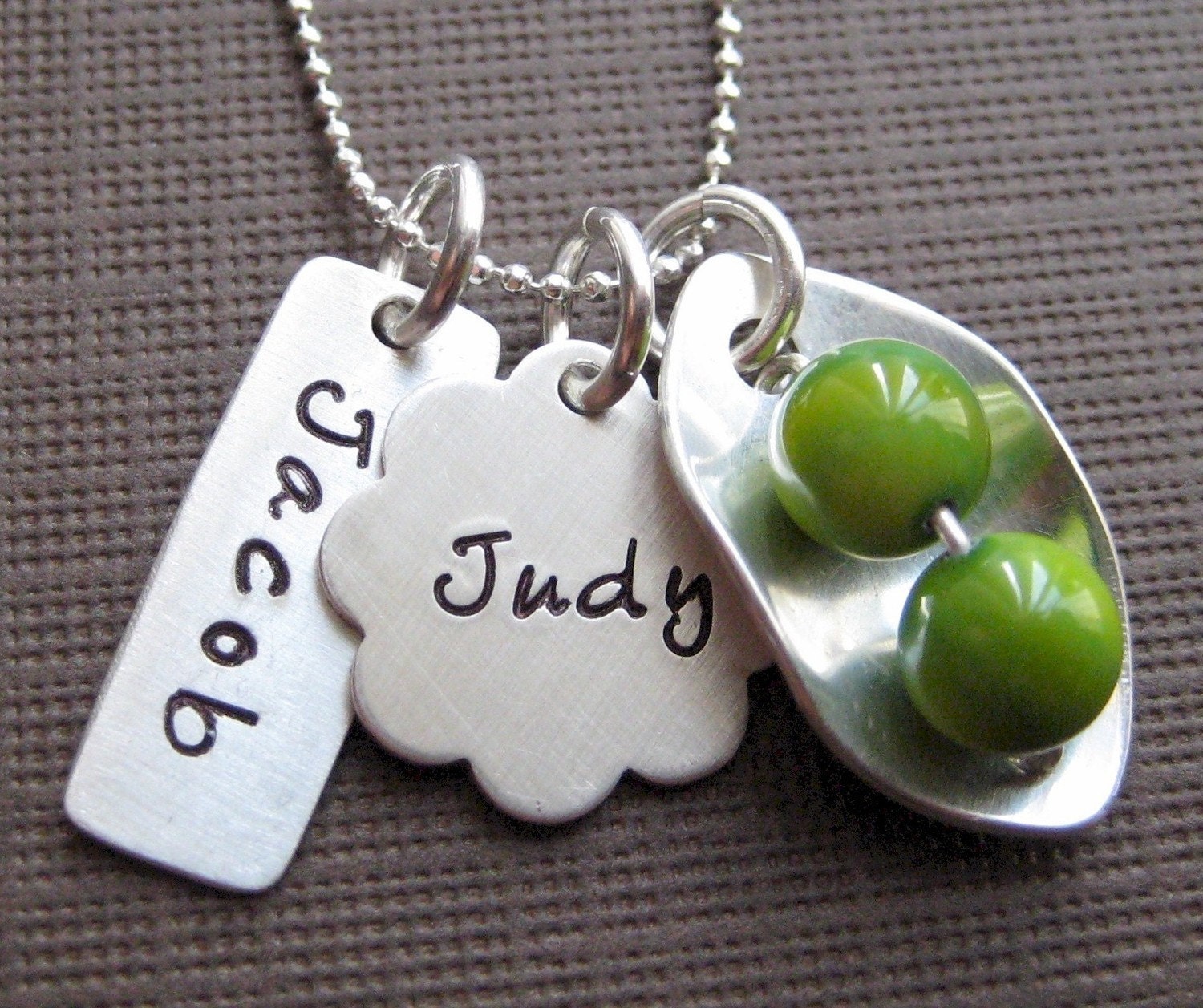 Two Peas in a Pod - Personalized - Celebrate Weddings, New Born Baby, or Best Friend - Sterling Silver and Green Mother of Pearls