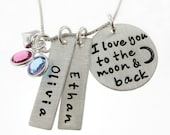 I Love you to the moon and back necklace - Personalized Hand Stamped Mommy Necklaces - TWO name charms - Heart and birthstones  (NN006)