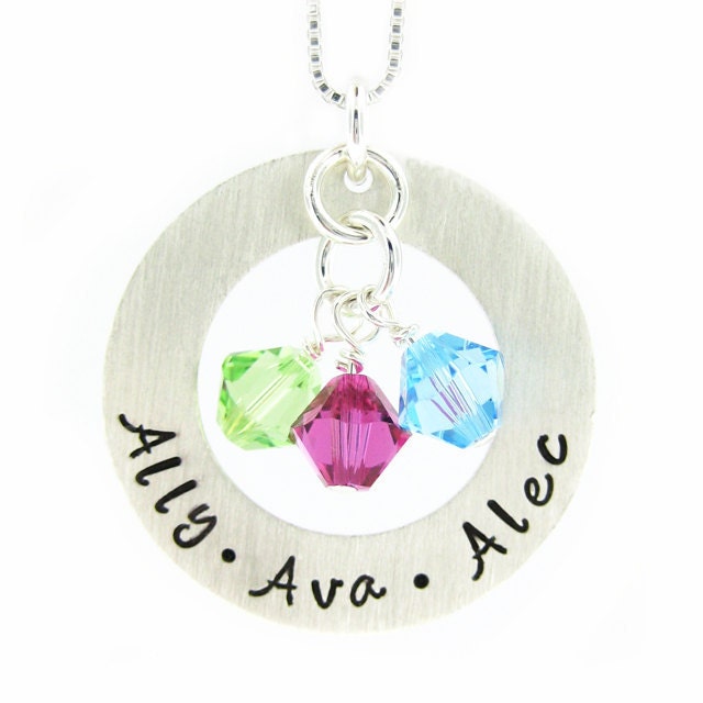 Personalized Hand Stamped Jewelry - CIRCLE of LOVE - Mothers Diamond Shape Birthstone Keepsake Necklace - names dates (NN044)