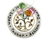 Family Tree Necklace with Round Birthstones (Large) - Hand Stamped Sterling Silver Mothers Jewelry with Bronze Tree of Life charm