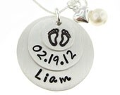 NEW MOMMY Necklace - Hand stamped Stacked Baby Feet Birthday and Baby Name Jewelry (NN055)