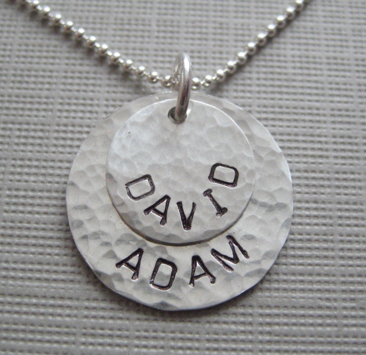 TWO NAMES Round pendants - Hand stamped sterling silver / Personalized keepsake necklace