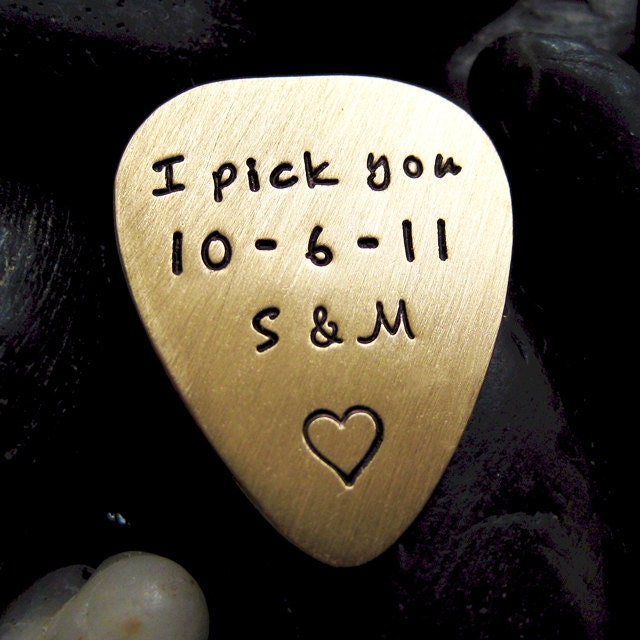Personalized Brass Guitar Pick with leather key chain-  Single sided (GP012)