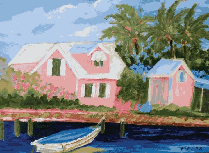 Pink Waterway Cottage - Print by Karen Fields 11 x 14