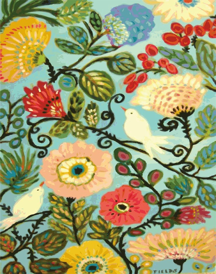 Birds Bohemian Cottage Style Flowers Art Print - 11 x 14 by Karen Fields