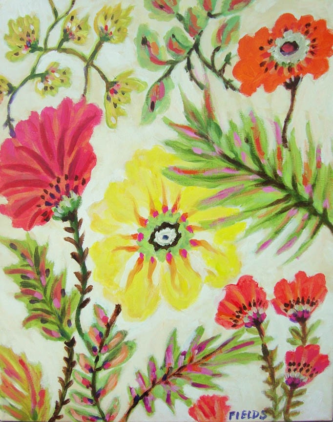 Original Floral Flowers Leaves Painting 16 x 20