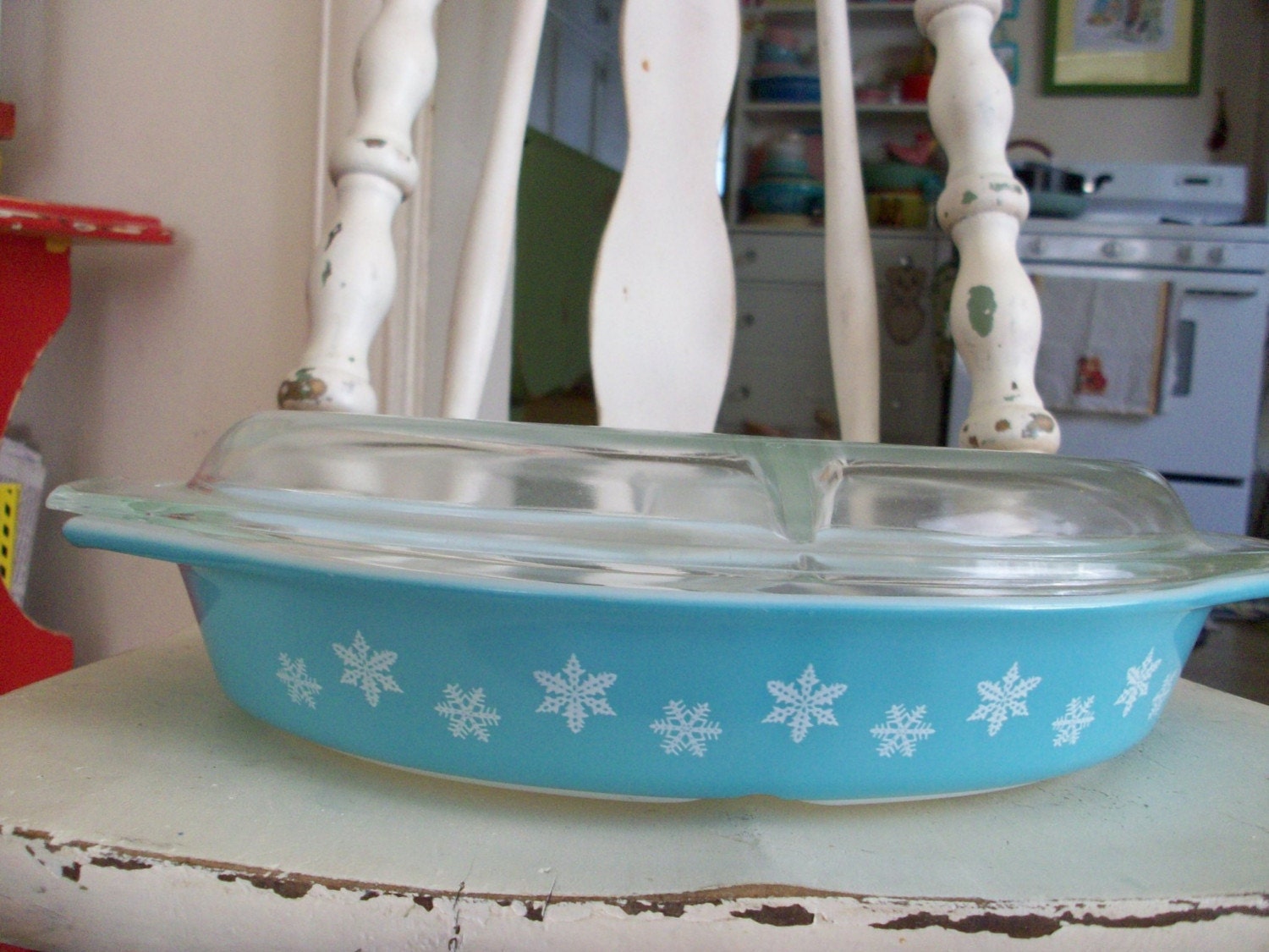 2 sided aqua snowflake pyrex