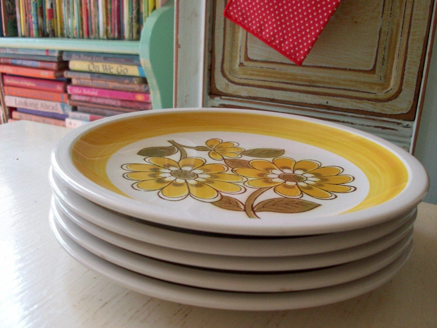 set of five adorable little yellow flower plates