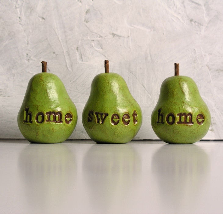 Housewarming ... home sweet home ...Three handmade decorative polymer clay pears ... 3 Word Pears, green