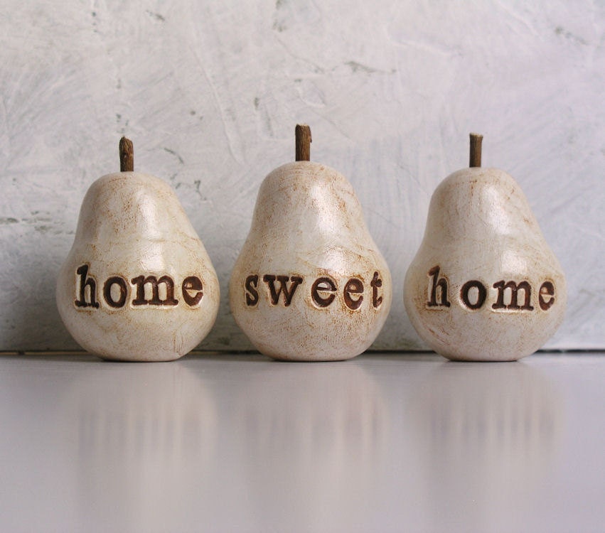 Housewarming gift ... home sweet home ...Three handmade decorative polymer clay pears ... 3 Word Pears, white - SkyeArt
