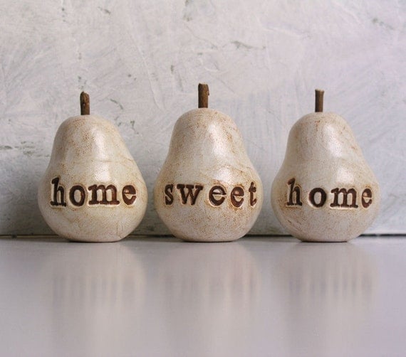 Housewarming gift ... home sweet home ...Three handmade decorative polymer clay pears ... 3 Word Pears, white