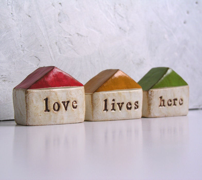 Housewarming gift ... love lives here... Three handmade polymer clay houses ... Word Houses ... instant little neighborhood